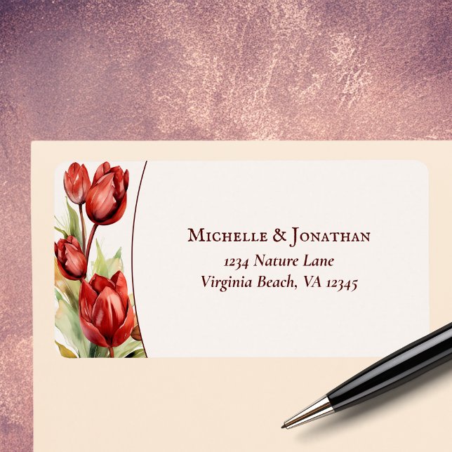 Étiquette Aquarelle Rouge Tulip Ressort Floral Mariage Adres (Watercolor Red Tulip Spring Floral Wedding Address Label)