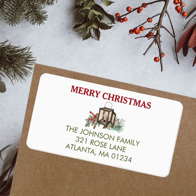 Étiquette Aquarelle rustique Berries à pin de Noël (Rustic Watercolor Christmas Lantern Pine Berries Label)