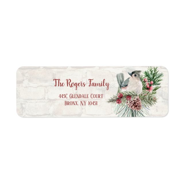Étiquette Aquarelle rustique Noël Floral & Oiseau (Devant)