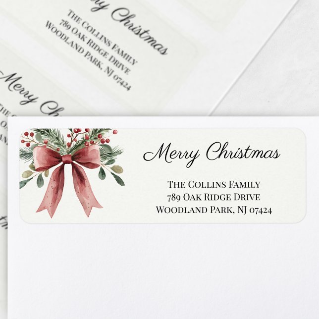 Étiquette Aquarelle simple rouge Bow Noël Adresse de retour (Simple Red Bow Watercolor Christmas Return Address Label)