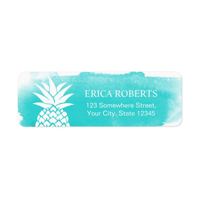 Étiquette Aquarelle tropicale d'ananas Turquoise Hawaiian (Devant)