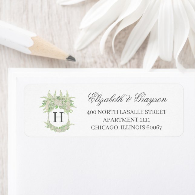 Étiquette Aquarelle Vert et blanc Hydrangea Mariage Crest (En situation)