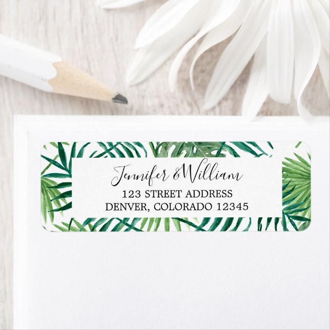 Étiquette Aquarelle vert palmier tropical feuille mariage (En situation)
