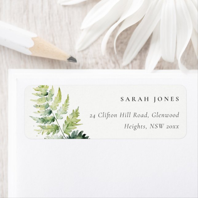 Étiquette Aquarelle verte minimale Fern Folid Adresse (En situation)