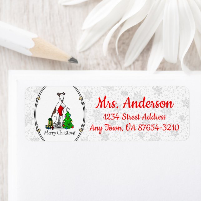 Étiquette Arbre de Noël amusant 2 Chien gris (blanc broché) (En situation)