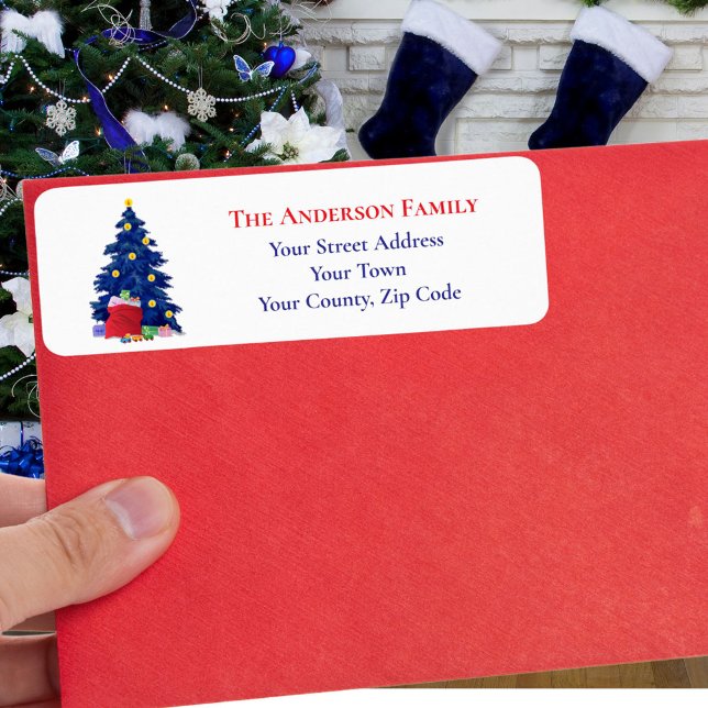 Étiquette Arbre de Noël bleu moderne Rouge Père Noël Nom du  (Créateur téléchargé)