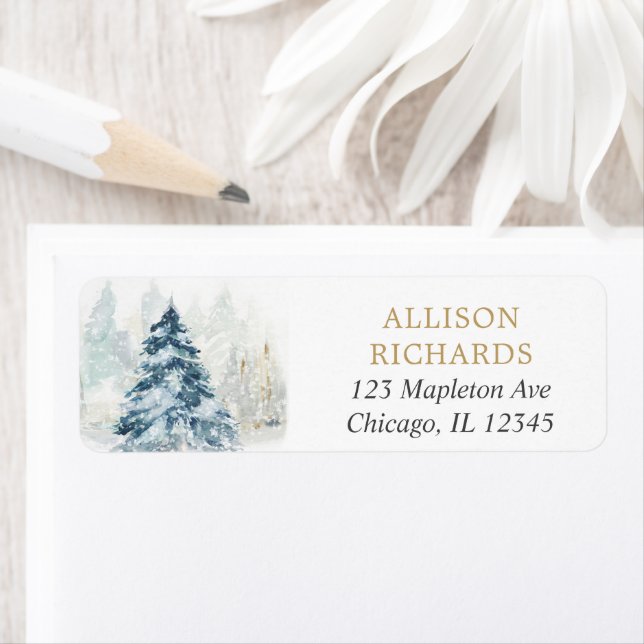 Étiquette Arbre de Noël et neige hiver (En situation)