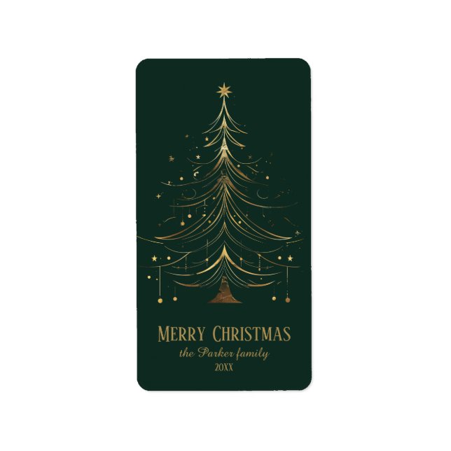 Étiquette Arbre de Noël stylisé en or sur Arrière - plan fon (Devant)