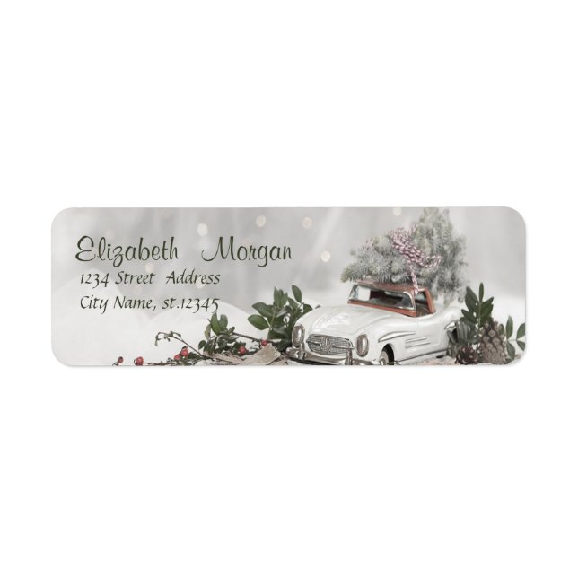 Étiquette Arbre de Noël, voiture, neige (Devant)