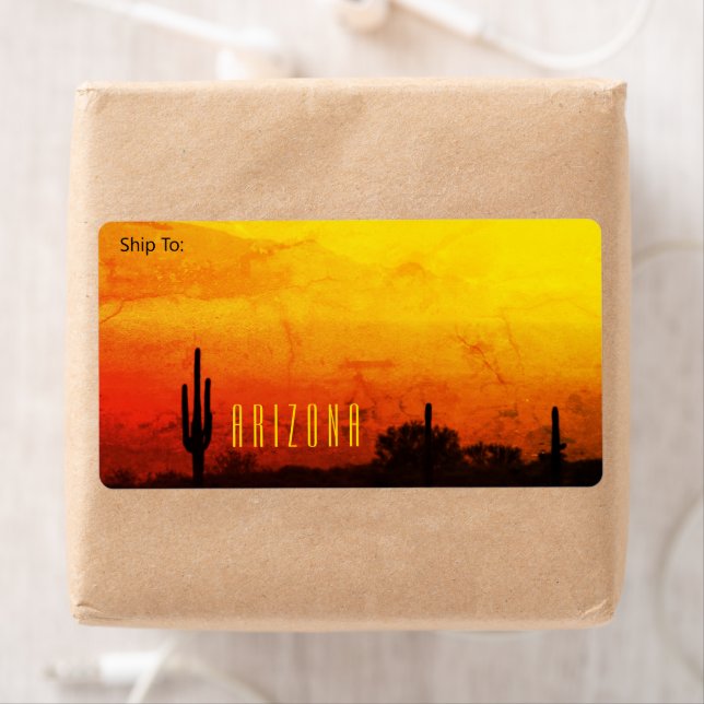 Étiquette Arizona Desert Sunset Jaune Rouge Orange Cactus (En situation)