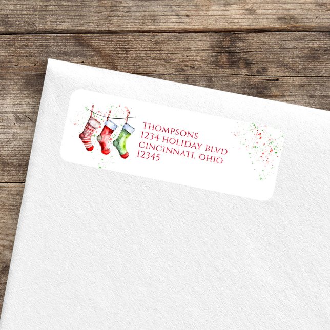 Étiquette Arrosage de Noël Adresse de retour (Whimsical cute watercolor holiday stockings return address label. )