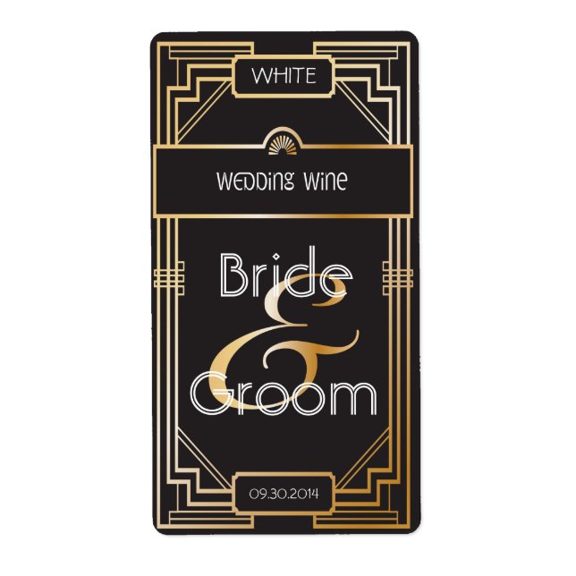 Étiquette Art Déco Gatsby Mariage Gatsby noir et or Étiquett (Devant)