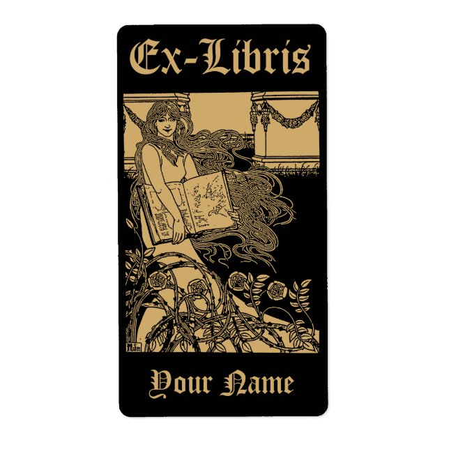 Étiquette Art Nouveau Femme & Livre Roses Ex Libris Modèle (Devant)