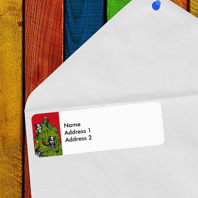 Étiquette Art populaire Chats Arbre de Noël (Naughty tuxedo Cats in decorated Christmas Tree on return address labels.)