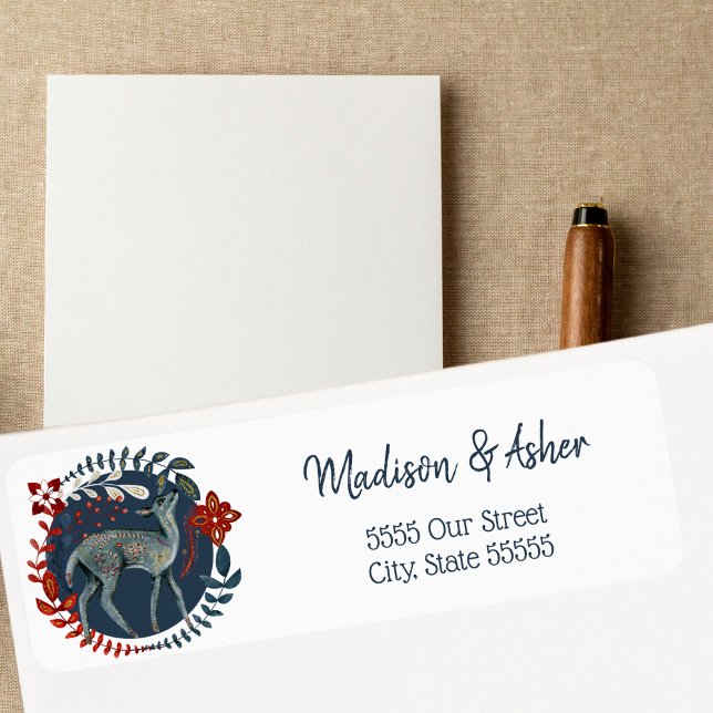 Étiquette Art populaire scandinave Aquarelle Bois Cerf (Créateur téléchargé)