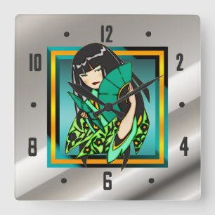 Étiquette asiatique caricature fille mural horloge