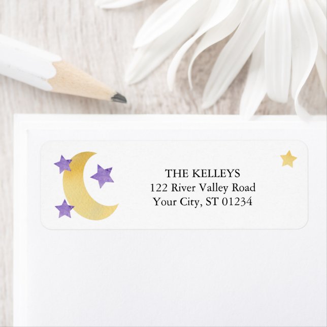 Étiquette Au-dessus de la lune Étoiles violettes Adresse de  (En situation)