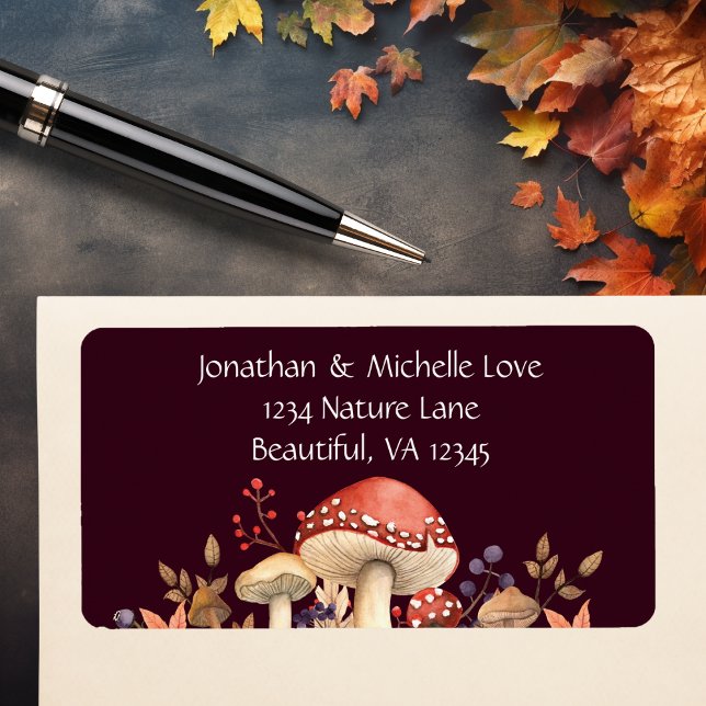 Étiquette Automne Champignons, Plantes et Feuille Adresse d' (Autumn Mushrooms, Plants and Leaves Fall Address Label)