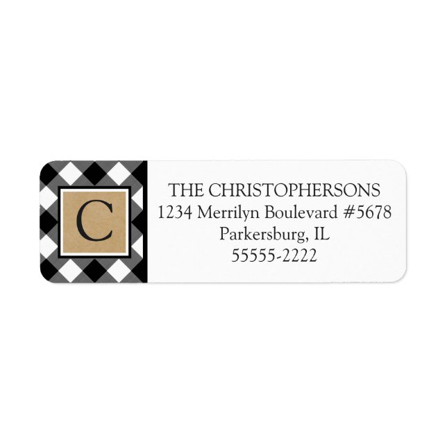 Étiquette B&W Buffalo Check Plaid et Kraft Papier Monogramme (Devant)