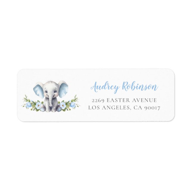 Étiquette Baby shower Blue Floral Elephant Adresse de retour (Devant)