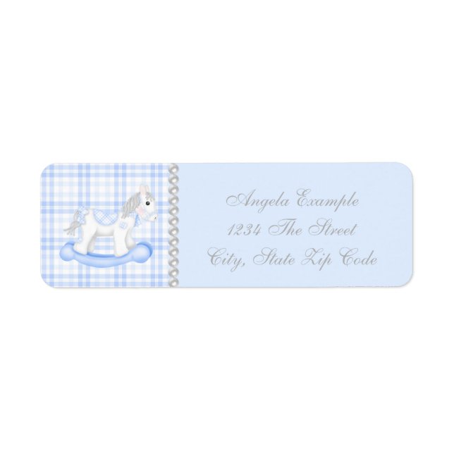 Étiquette Baby shower Blue Rocking Horse (Devant)