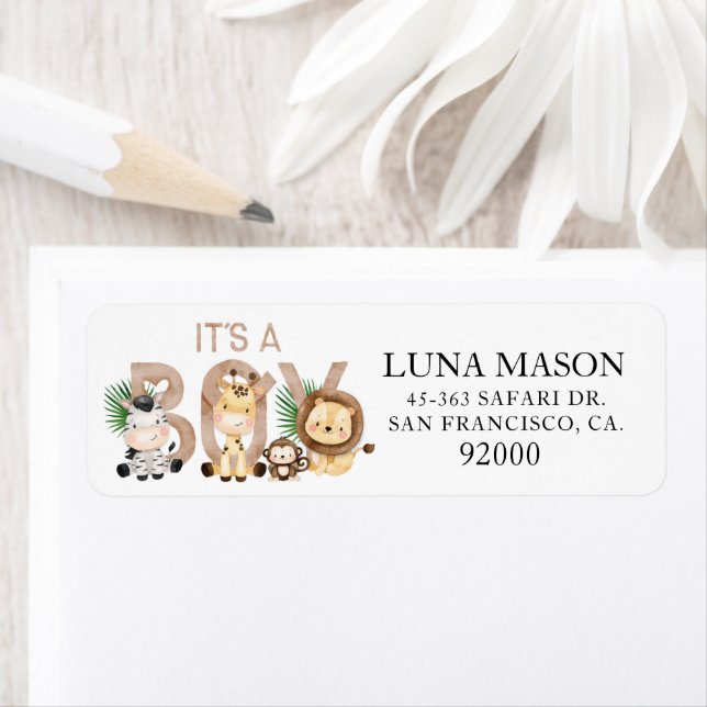 Étiquette Baby shower C'est un garçon Adresse de retour Labe (En situation)