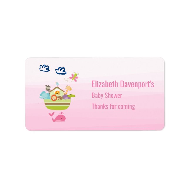 Étiquette Baby shower d'arche d'animal mignon rose (Devant)