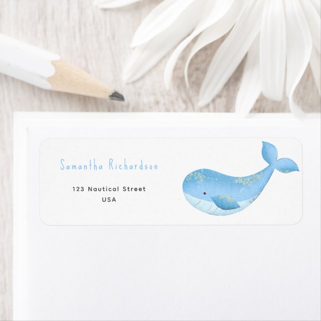 Étiquette Baby shower de la baleine d'aquarelle (En situation)