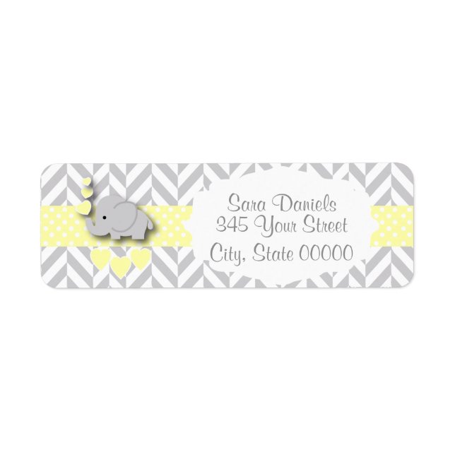 Étiquette Baby shower d'éléphant jaune, blanc et gris (Devant)