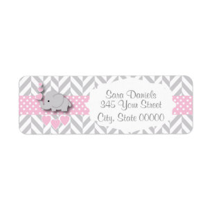 Étiquette Baby shower d'éléphant rose, blanc et gris
