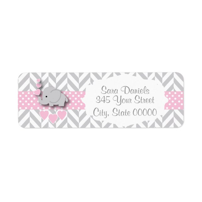 Étiquette Baby shower d'éléphant rose, blanc et gris (Devant)