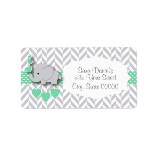 Étiquette Baby shower éléphant vert, blanc et gris (Devant)