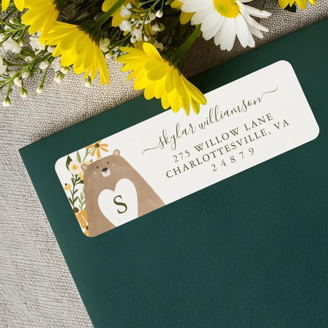 Étiquette Baby shower Fleur sauvage d'aquarelle de l'ours et (Bear & Bee Watercolor Wildflowers Baby Shower Label)