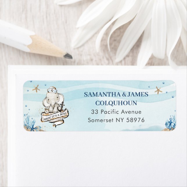 Étiquette Baby shower Nautique Cute Elephant Adresse de reto (En situation)