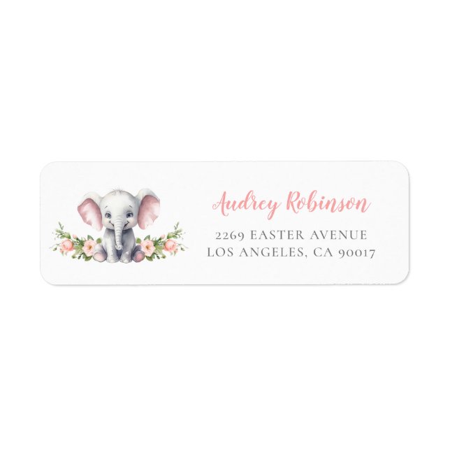 Étiquette Baby shower rose Floral Elephant Adresse de retour (Devant)