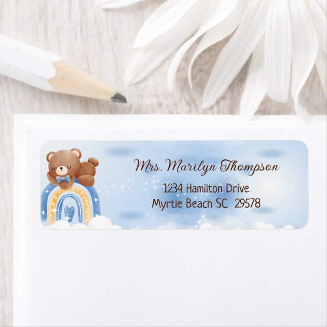 Étiquette Baby shower Teddy Bear Rainbow Boys (En situation)
