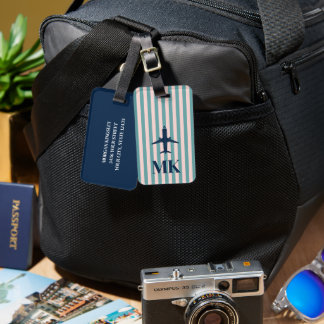 Étiquette bagage Monogramme Rayée Avion Bleu Marin