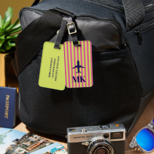 Étiquette bagage Monogramme Rayée Avion Bleu Nuit