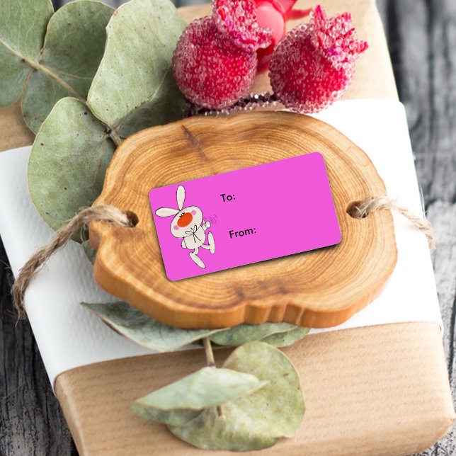 Étiquette Balise cadeau de lapin blanc joli (Cartoon bunny rabbit giving thumbs up sign on hot pink gift tag label.)