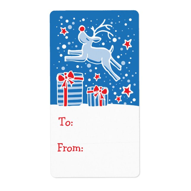 Étiquette Balise cadeau de rennes de Noël bleu (vers et depu (Devant)