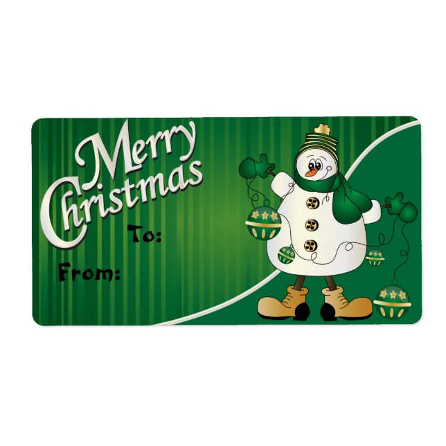 Étiquette Balise cadeau Joyeux Noël Green Snowman (Devant)