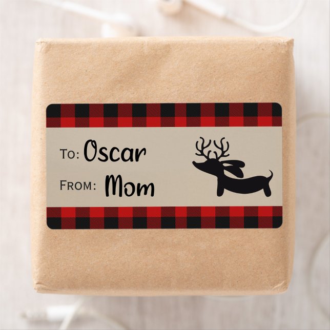 Étiquette Balise Cadeau Red Plaid Reindeer Dachshund Étiquet (Plaid dachshund Christmas gift sticky labels)