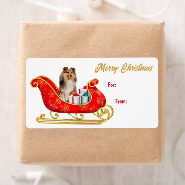 Étiquette Balise cadeau Shetland Sheepdog Sleigh (En situation)