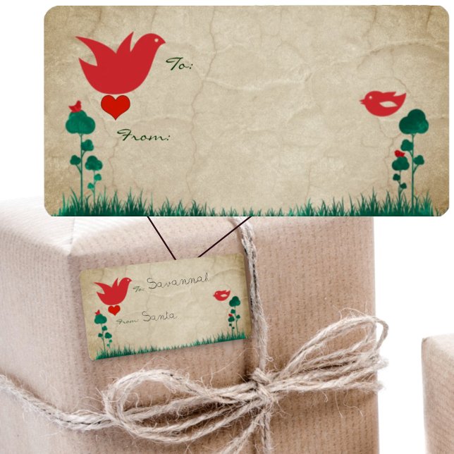 Étiquette Balises cadeaux Noël Oiseaux rouges blancs (Créateur téléchargé)