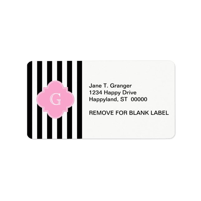 Étiquette Bande blanche noire, monogramme de Quatrefoil rose (Devant)