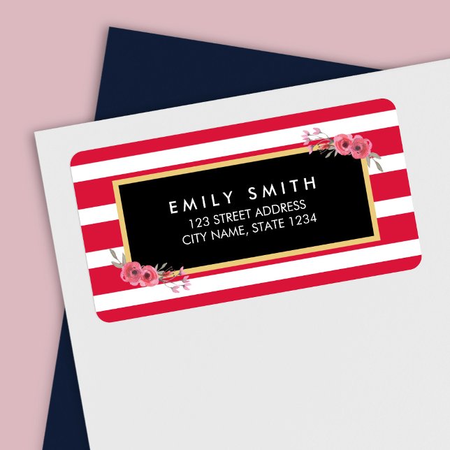 Étiquette Bandes chic rose et blanc avec aquarelle Florale (Créateur téléchargé)