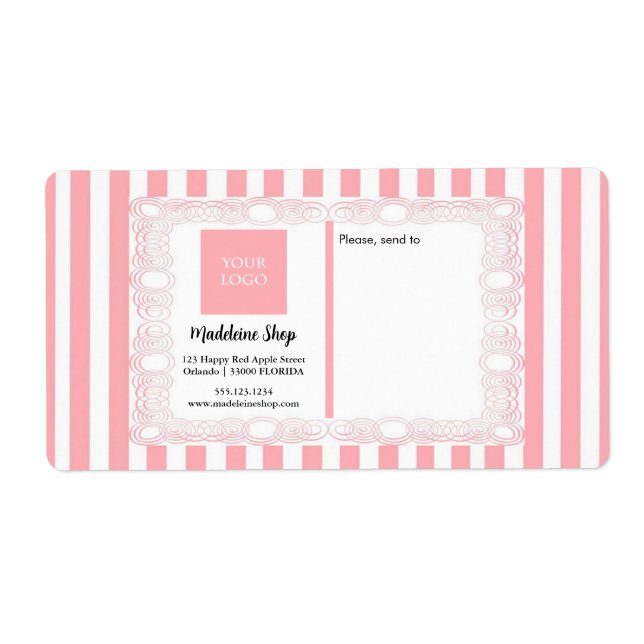 Étiquette Bandes en poudre rose et cadre et logo (Devant)