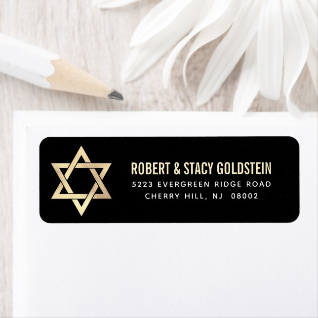Étiquette Bar Mitzvah Black Gold Bold Adresse de retour simp (En situation)