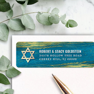 Étiquette Bar Mitzvah Papier Doré Turquoise Adresse de Retou