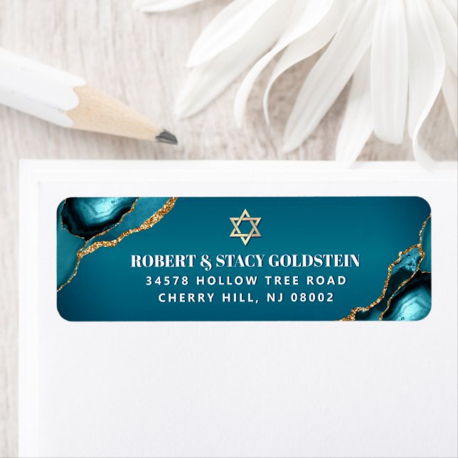 Étiquette Bar Mitzvah Turquoise Ombre Agate Adresse de retou (En situation)